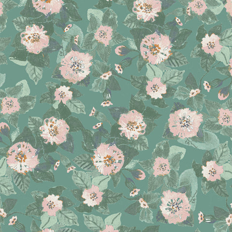 Light pink floral pattern on green leaves