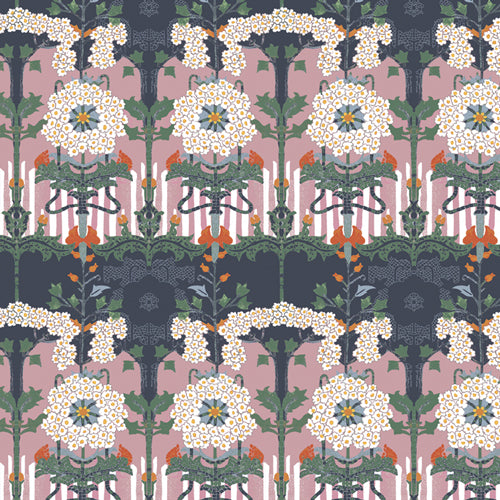 Patterned fabric with floral design on a pink background