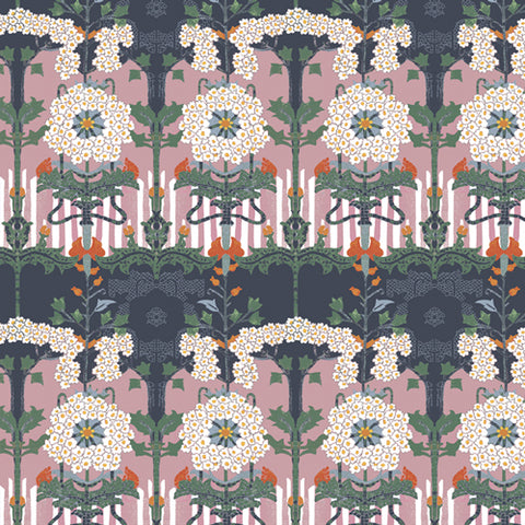 Patterned fabric with floral design on a pink background