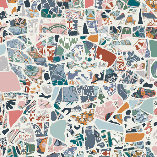 Colorful mosaic pattern with various shapes and colors on a white background