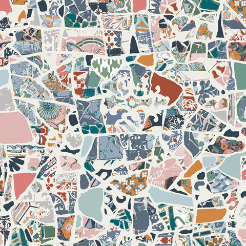 Colorful mosaic pattern with various shapes and colors on a white background