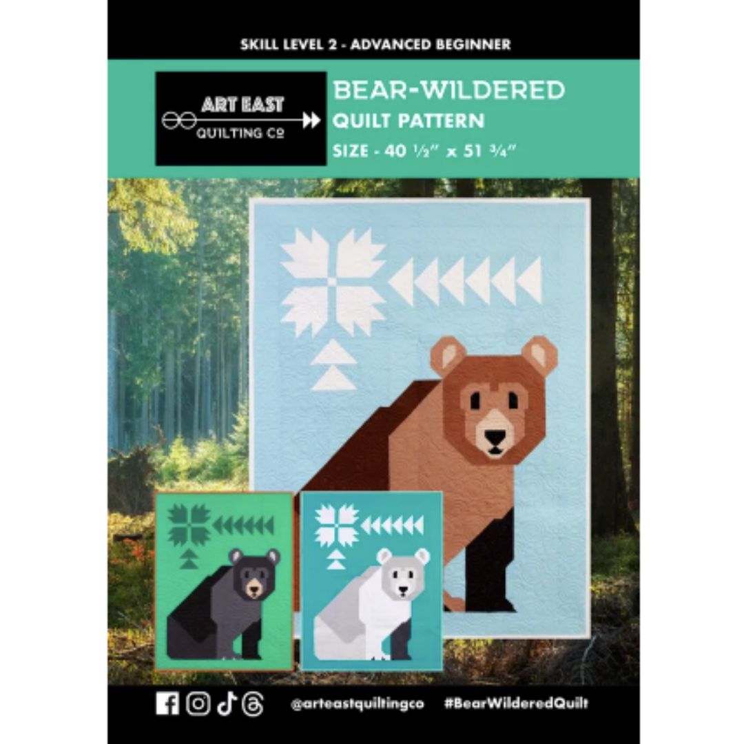 Bear-Wildered quilt pattern packaging with bears and trees in the background