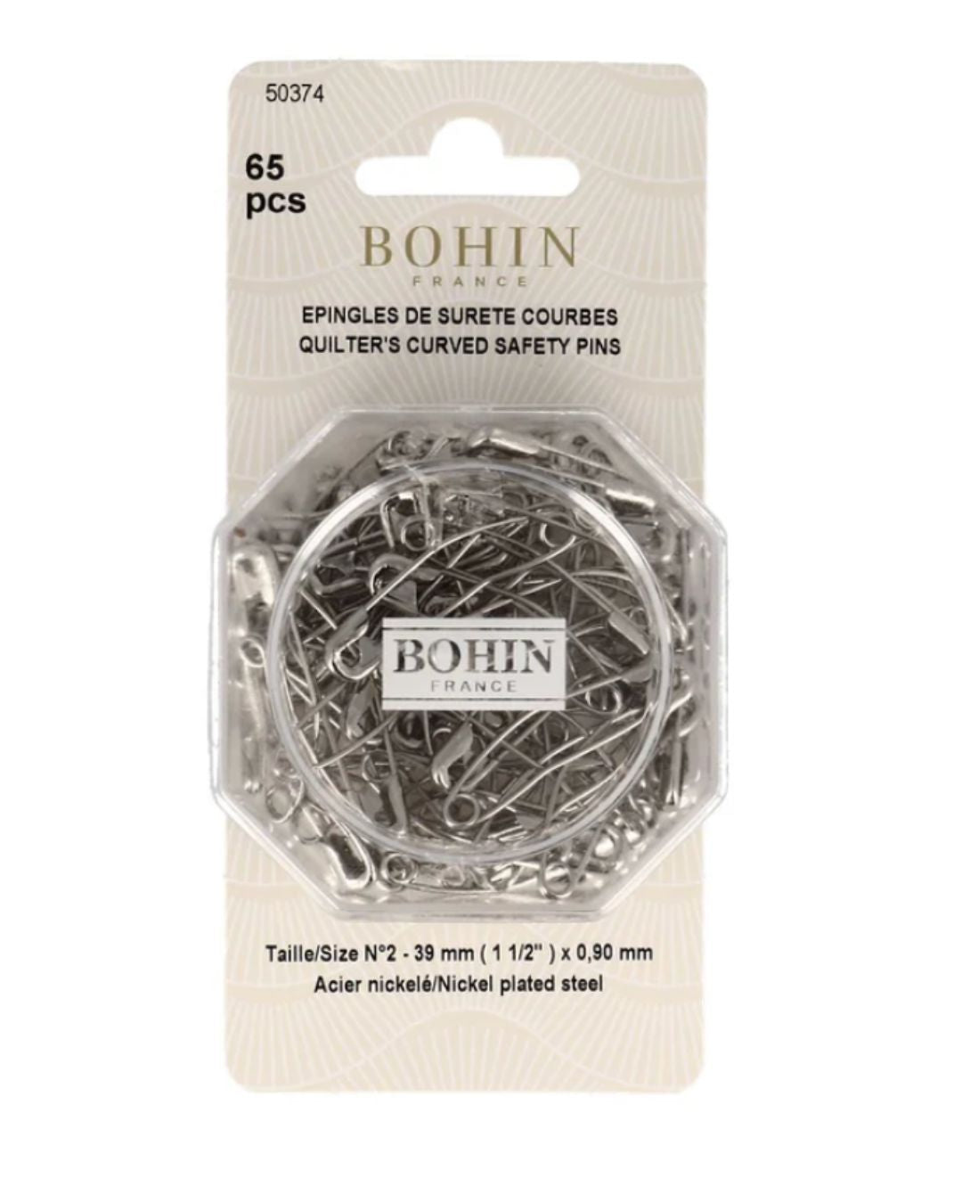 Pack of Bohin curved safety pins with packaging on a white background