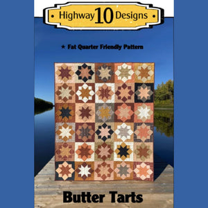 Quilt pattern cover titled 'Butter Tarts' by Highway 10 Designs with a scenic background.