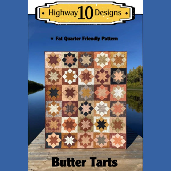 Quilt pattern cover titled 'Butter Tarts' by Highway 10 Designs with a scenic background.