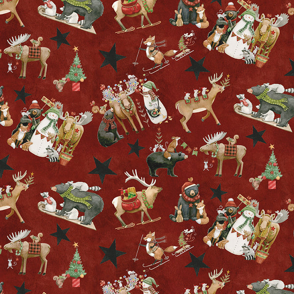Christmas-themed fabric pattern with reindeer, snowmen, and trees on a red background.