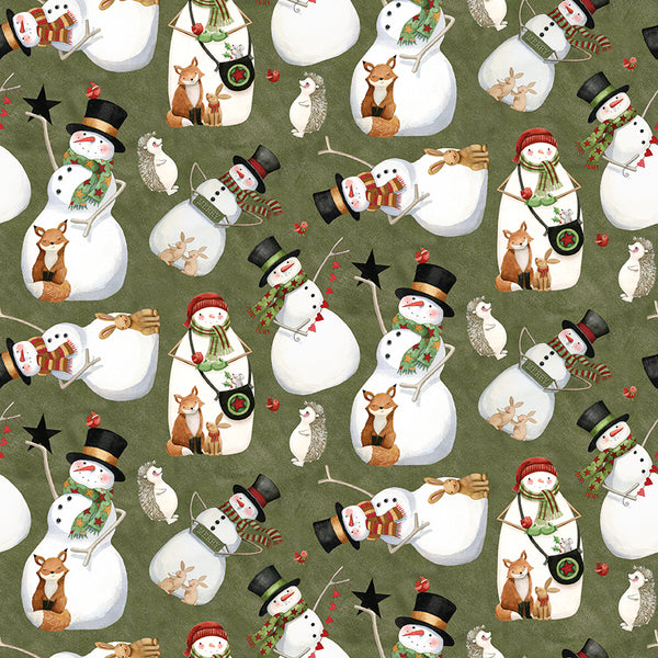 Pattern of snowmen and animals on a green background