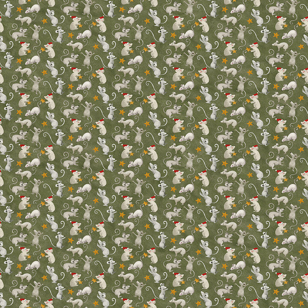 A green print of white mice in Santa hats and gold stars.