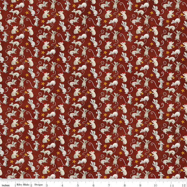 Pattern of white mice and yellow stars on a red background with a fabric swatch at the bottom.