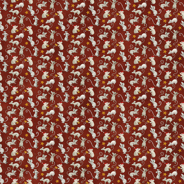 Pattern of white mice and yellow stars on a red background