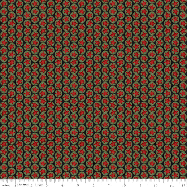 Patterned fabric with red and green design on a black background