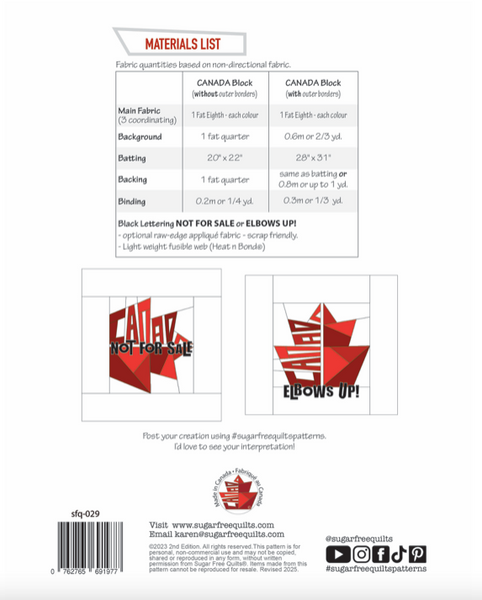 Materials list for a fabric pattern with branding and design elements.