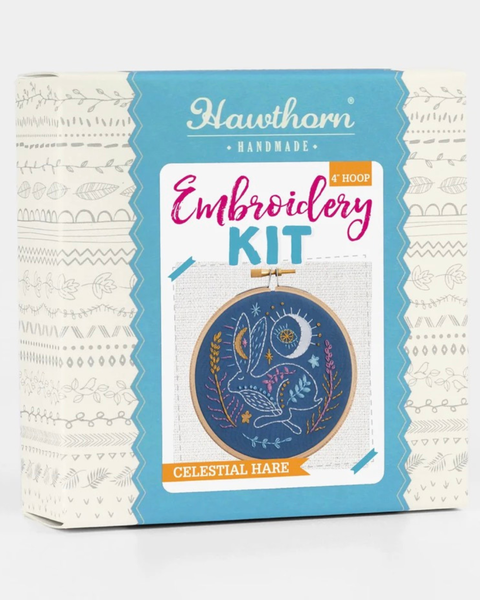 Hawthorn Handmade 4"-hoop Embroidery Kit box featuring a celestial hare design, with a blue and cream patterned design.