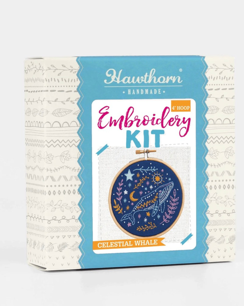 Hawthorn Handmade Embroidery Kit box for 'Celestial Whale', featuring a light blue and cream patterned design with a central illustration of a blue embroidered whale.