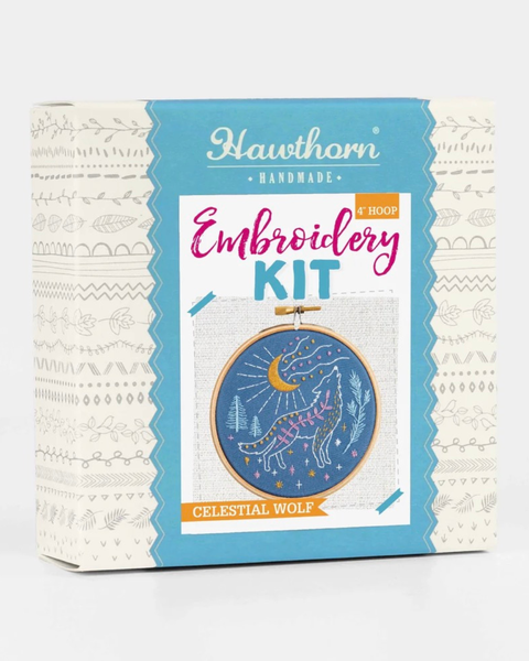 Hawthorn Handmade 'Celestial Wolf' embroidery kit in its retail packaging, featuring a blue and white box with a sample embroidered wolf design.
