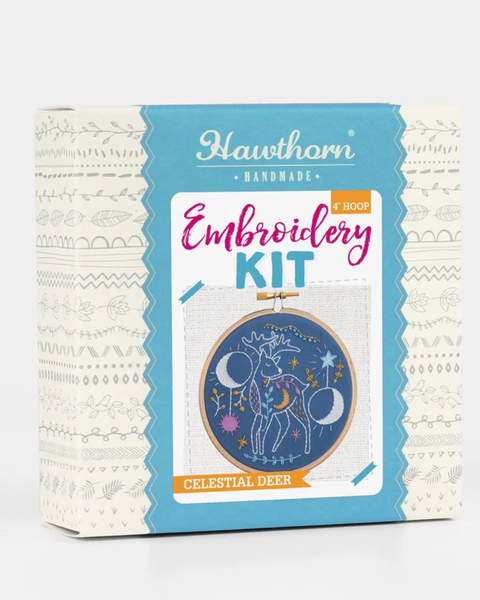 Hawthorn Handmade 4" Hoop Embroidery Kit box featuring a celestial deer design on a light blue and white patterned package.