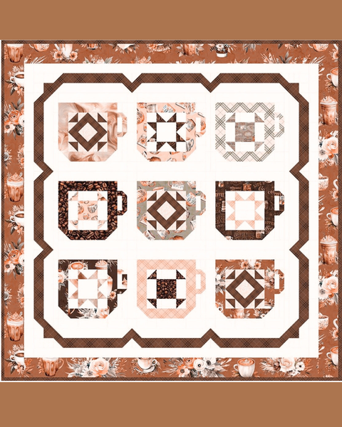 Assorted coffee mugs on a brown background