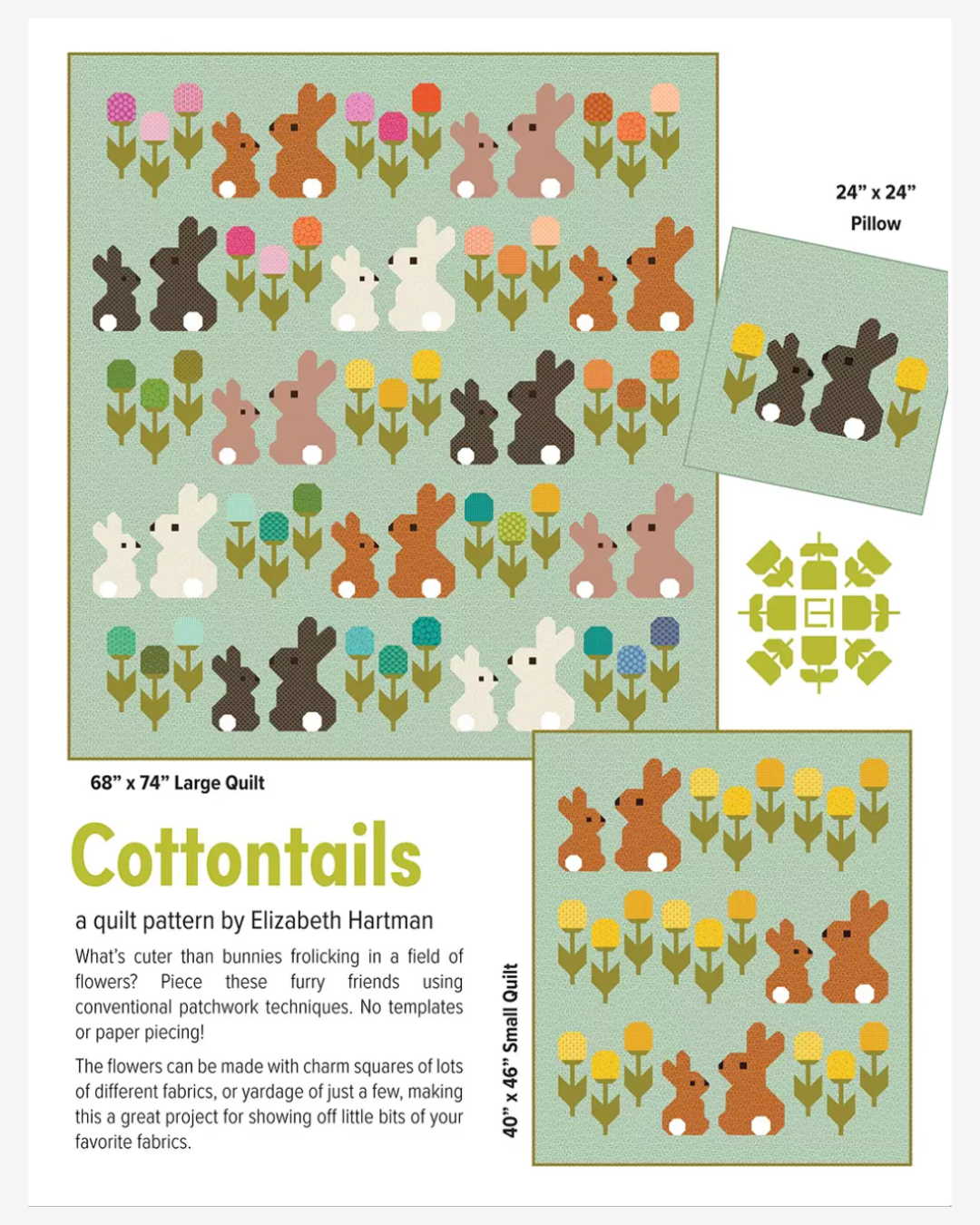 Quilt pattern 'Cottontails' by Elizabeth Hartman with bunnies and flowers on a green background.