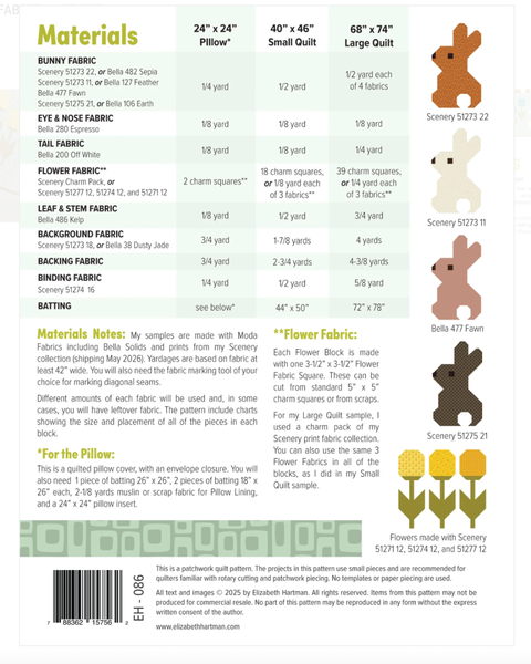 Fabric and material list for a bunny quilt project with measurements and fabric types.