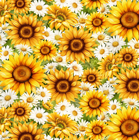 Pattern of sunflowers and daisies on a green background