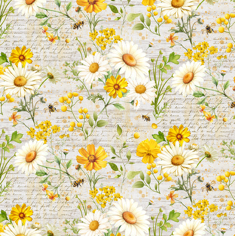White and yellow daisies on beige background with indecipherable text
