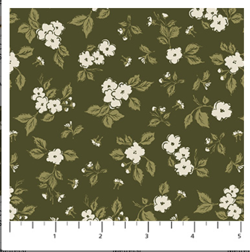 Floral pattern with white flowers and green leaves on a dark green background
