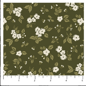 Floral pattern with white flowers and green leaves on a dark green background
