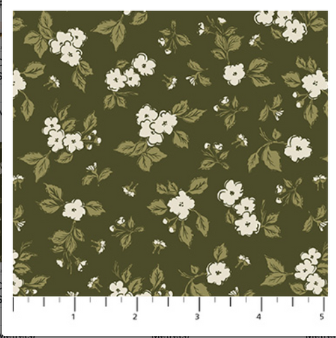 Floral pattern with white flowers and green leaves on a dark green background
