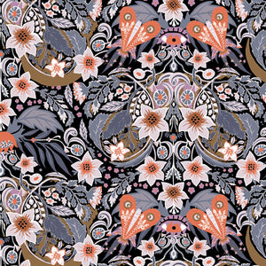 Intricate halloween floral print where flowers combine to create a skull shape.  Black background with shades of orange, purple grey and white flowers.  Very gothic.