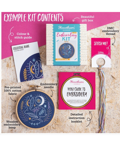 A product kit contents layout for a Hawthorn Embroidery Kit, showing the embroidered hoop with a moon and star design, the embroidered fabric piece, the box, a mini instruction booklet, a stitch me card, and thread on a textured beige background with pink title banners.