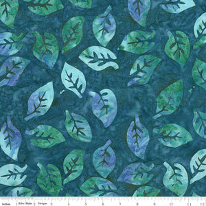Pattern of green and blue leaves on a dark blue background