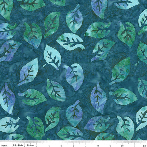 Pattern of green and blue leaves on a dark blue background
