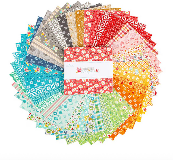 Collection of colorful fabric squares arranged in a circular pattern on a white background.