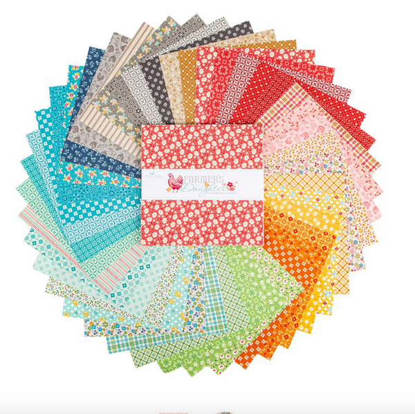 Collection of colorful fabric swatches arranged in a circular pattern on a white background.