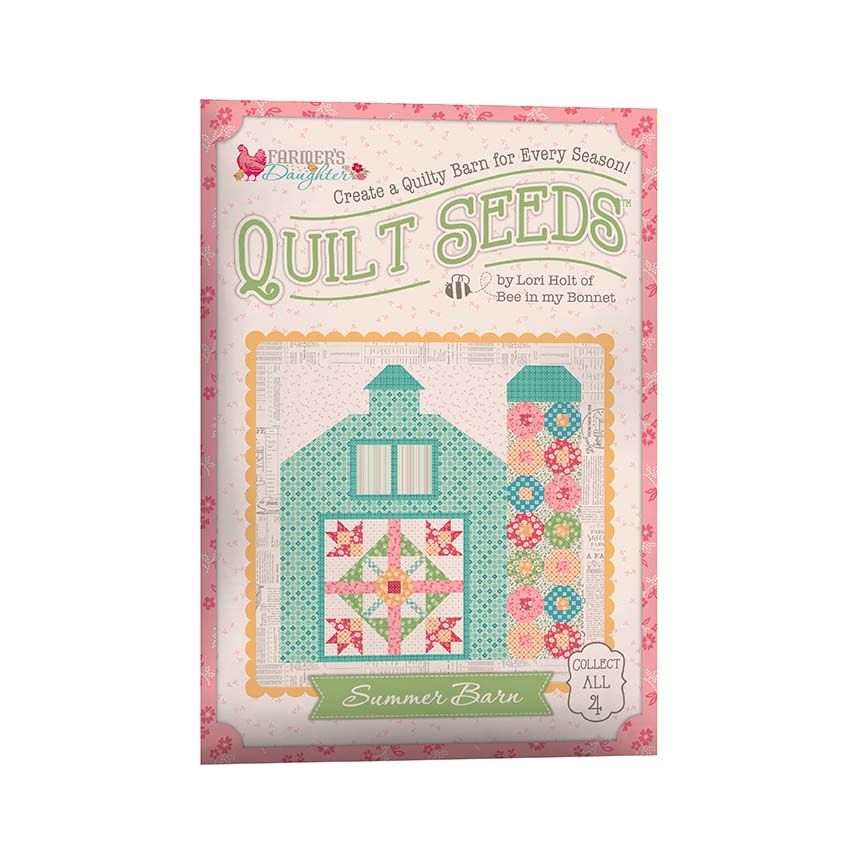 Quilt Seeds book cover with a barn design and colorful patterns on a pink background