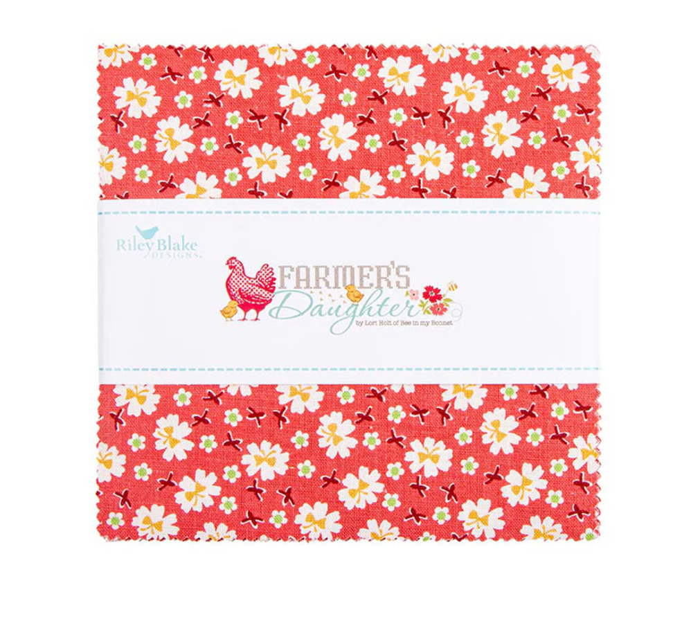Fabric bundle with floral pattern and 'Farmer's Daughter' branding on a white background