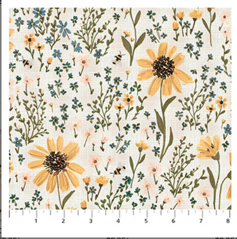 Pattern of yellow flowers and green leaves on a white background