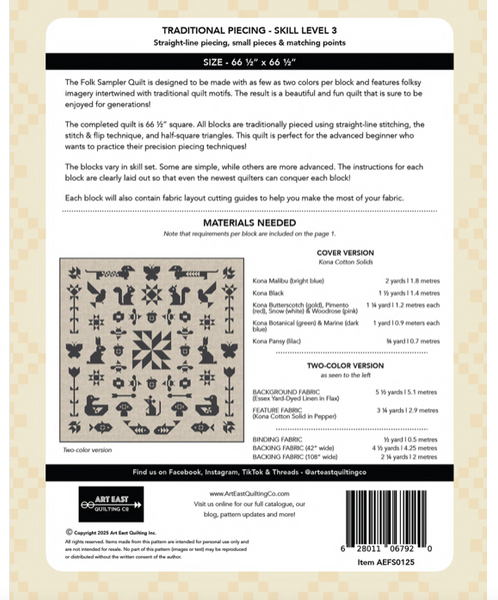Quilt pattern description sheet with text and fabric symbol illustrations on a beige background