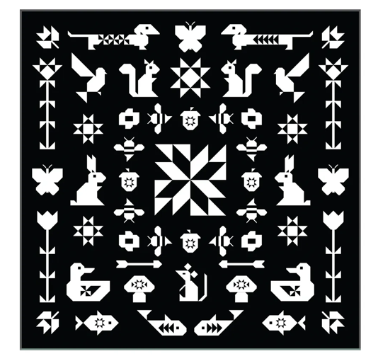 Black square with white geometric patterns of animals and shapes