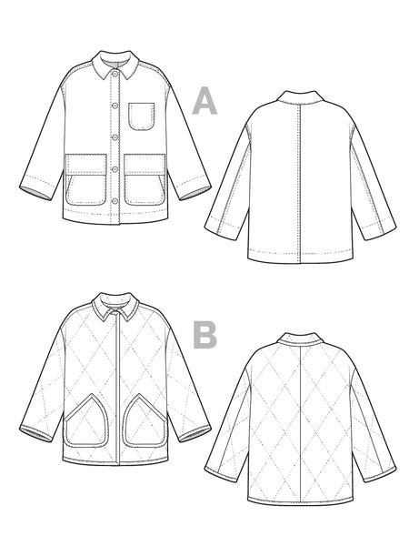Line drawing of a jacket with front and back views on a white background