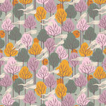 fires of trees with ghosts and bats flying around in colours of green, pink, lilac and peach.