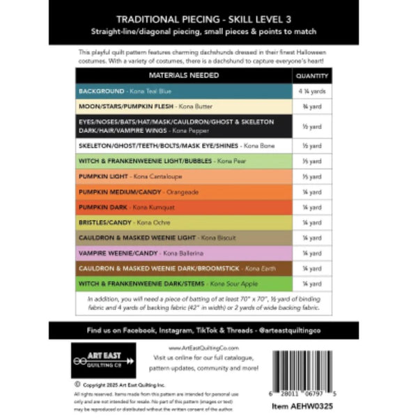 Colorful quilt pattern chart with material requirements and a brand logo at the bottom.