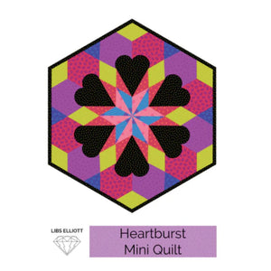 Colorful mini quilt pattern with black hearts in a hexagonal design, branded 'Libs Elliott'.