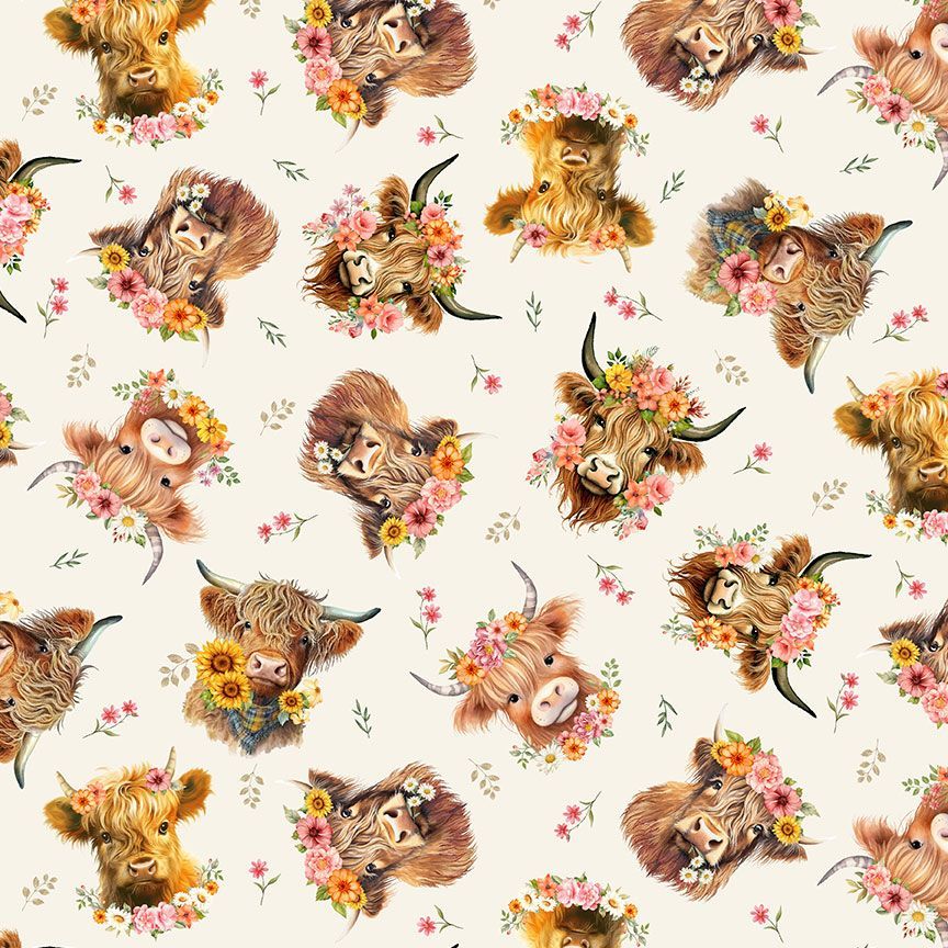 Highland cows with floral garlands quilting cotton