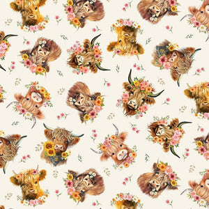 Highland cows with floral garlands quilting cotton