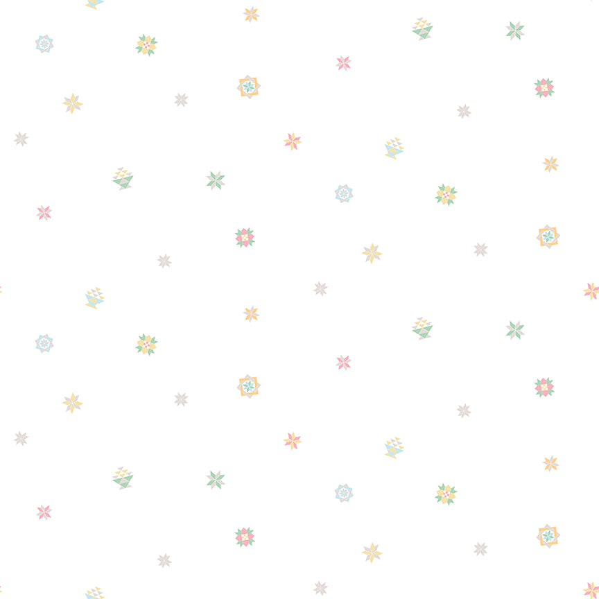 Pattern of small, colourful quilt blocks on a white background.
