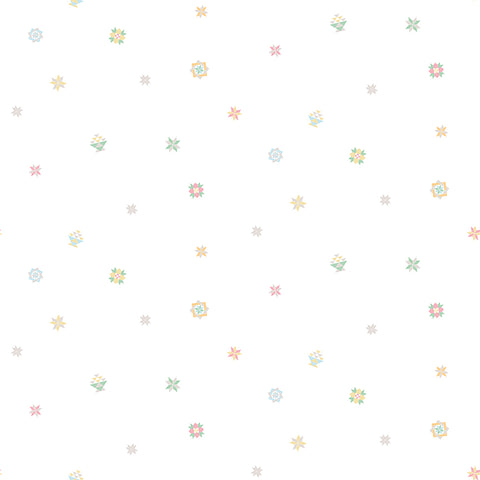 Pattern of small, colourful quilt blocks on a white background.