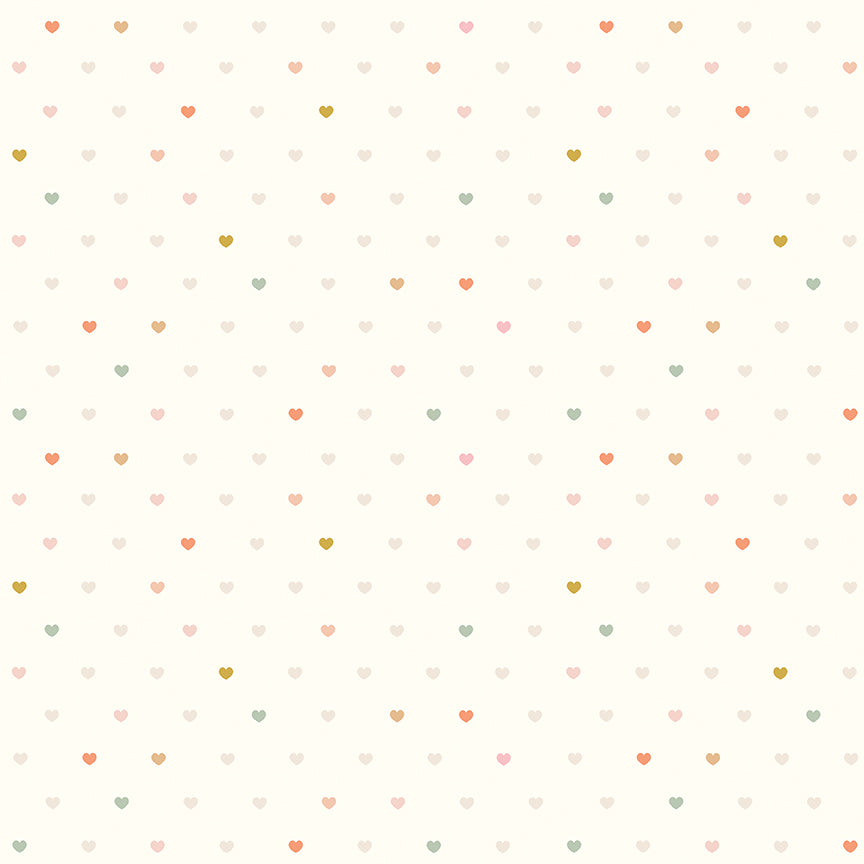 Pattern of small colorful hearts on a light background
