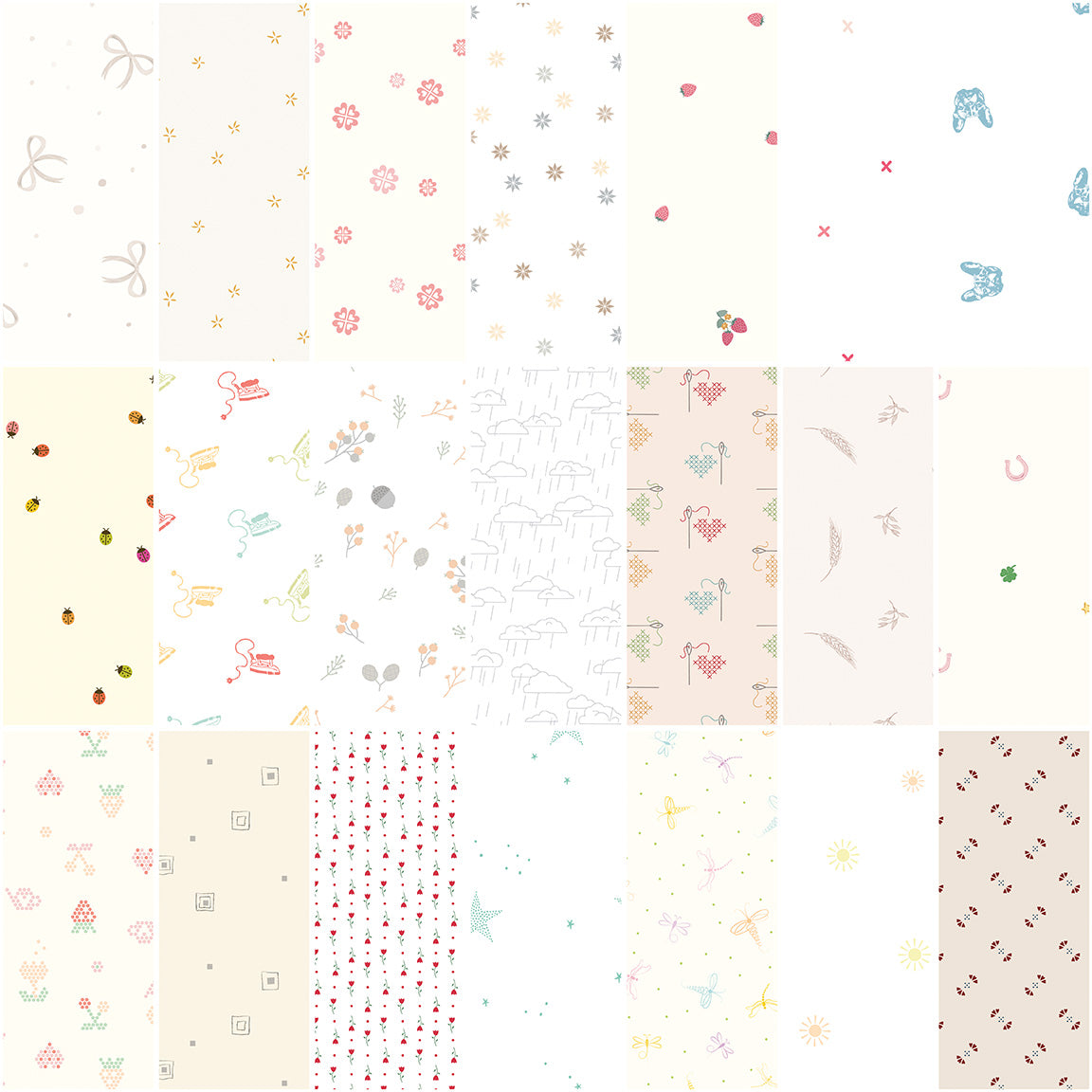 Collection of various floral and abstract patterned fabrics on a white background