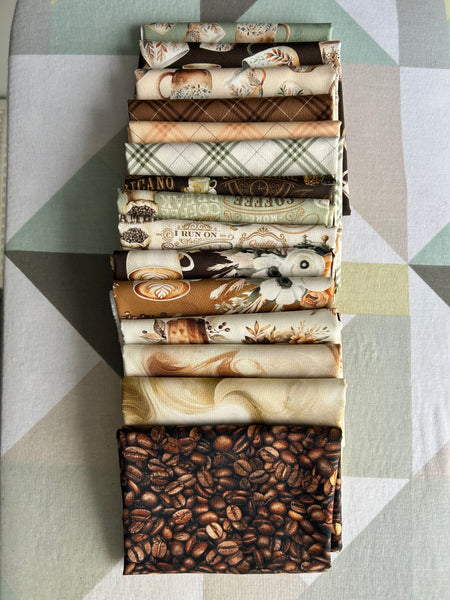 Collection of fabric swatches with coffee-themed patterns on a geometric patterned background